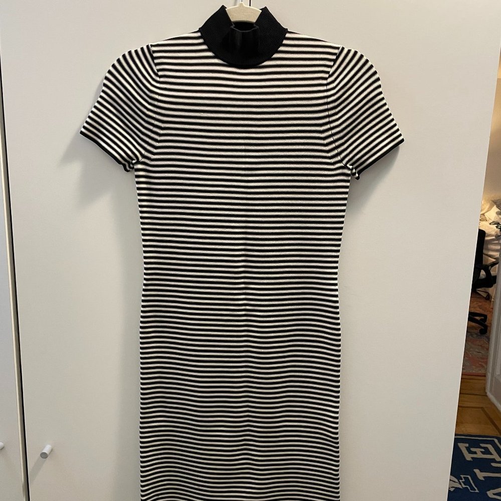 Michael Kors Black and White Striped Mock Neck Dress